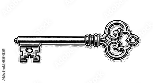 Antique Ornamental Skeleton Key Vector Illustration in Woodcut Style