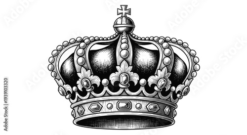Royal King Crown with Jewels Vector Illustration in Vintage Etching Style