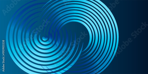 Futuristic abstract background featuring concentric circular rings forming a spiral vortex in the center, gradient colors from deep blue to bright cyan