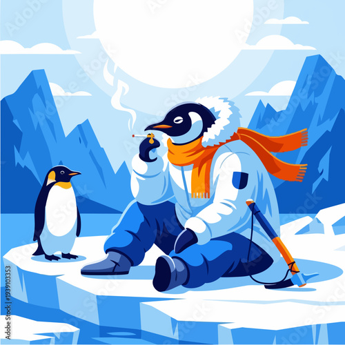 Penguin wearing winter clothes smoking a cigarette on ice.