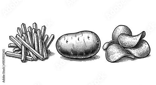 vintage engraving potato products set with french fries whole potato and potato chips detailed hand drawn food illustration in classic woodcut style