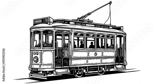 vintage engraving city tram streetcar classic public transport vehicle hand drawn woodcut style urban transportation illustration