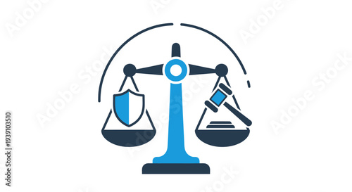 Scales of justice with shield and gavel flat icon