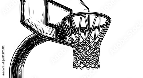 Vintage engraving basketball hoop and backboard sports equipment hand drawn woodcut style athletic illustration