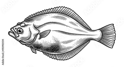 Flounder Fish Marine Animal Vector Illustration in Woodcut Style