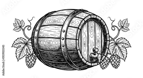 Vintage engraving wooden beer barrel with hop cones brewing ingredient hand drawn woodcut style craft beer illustration