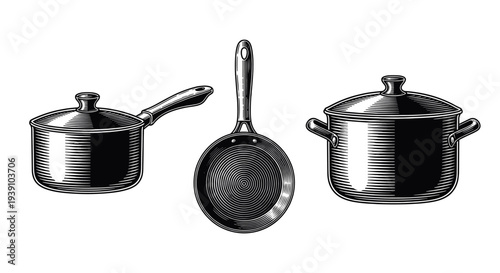 Vintage engraving kitchen cookware set with cooking pots and frying pan detailed hand drawn culinary illustration in classic woodcut style