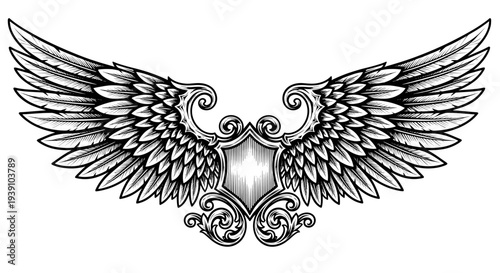 Detailed vintage engraving angel wings symmetrical feather wings illustration hand drawn tattoo style woodcut design