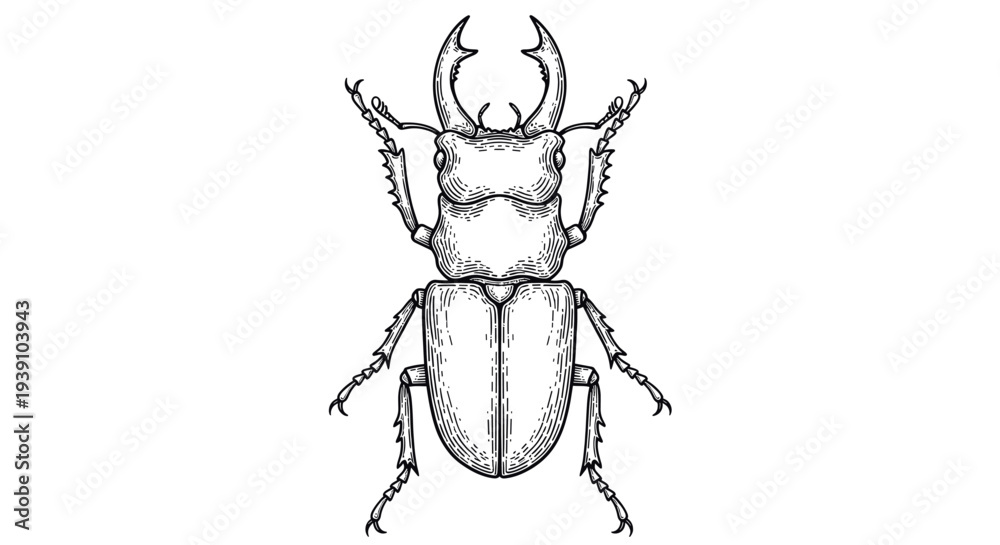 Fototapeta premium Vintage engraving stag beetle insect detailed entomology illustration hand drawn natural history woodcut style