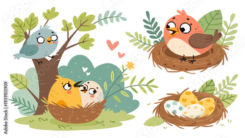 Cute forest bird characters vector collection with nests eggs and trees love and family concept