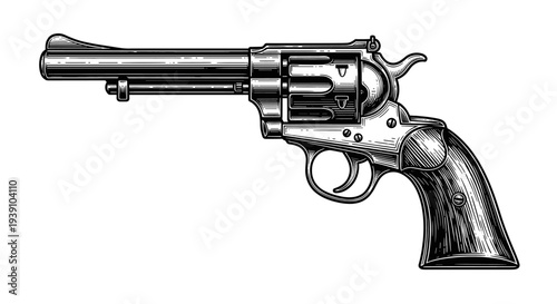 Vintage revolver engraving, hand drawn retro wild west pistol sketch, antique cowboy firearm isolated
