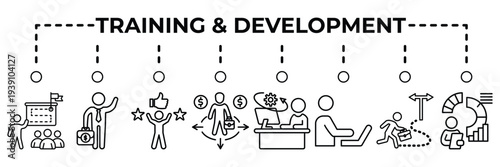 Training and development banner web icon vector illustration for learning and professional growth concept with education, mentoring, skills improvement, coaching, teamwork and career development icons