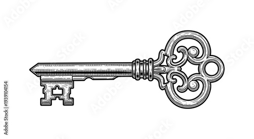 Antique Ornamental Skeleton Key Vector Illustration in Woodcut Style