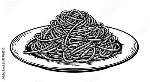 Vintage engraving spaghetti pasta plate detailed italian cuisine food illustration hand drawn traditional meal in classic woodcut style