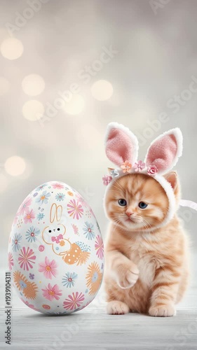 Kitten bunny costume with rabbit ear headband, easter egg pastel pet festival scene, ginger tabby paw touching painted egg on wooden table, soft bokeh studio light, spring holiday mood