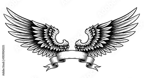 Detailed vintage engraving angel wings symmetrical feather wings illustration hand drawn tattoo style woodcut design