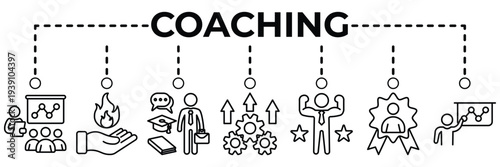 Coaching banner web icon vector illustration for mentoring and personal development concept with guidance, leadership support, motivation, skill training and performance improvement icons