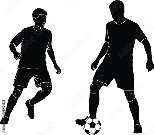 Two Silhouette Football Players Dribbling and Defending a Soccer Ball on Isolated White Background for Athletic Vector Design and Sports