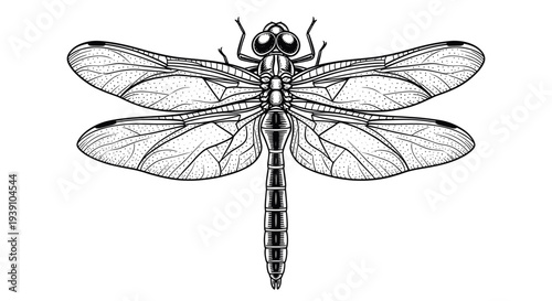 Vintage engraving dragonfly insect detailed symmetrical wings entomology illustration hand drawn natural history woodcut style