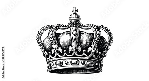 Royal King Crown with Jewels Vector Illustration in Vintage Etching Style