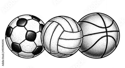 Vintage sports balls engraving set, retro athletic equipment and game ball sketches in woodcut style