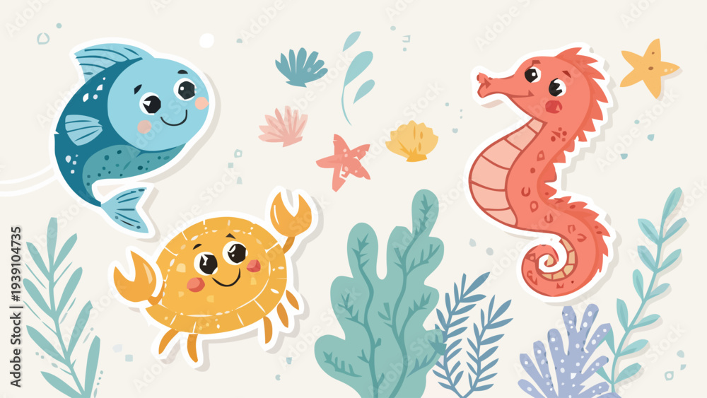 Fototapeta premium Colorful cartoon sea creatures with smiling faces swim in ocean water with seaweed