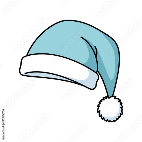 Light blue sleepy cap with white trim isolated on a clean white background, showcasing a cozy winter accessory with fluffy pom-pom detail