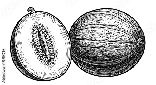 Vintage engraving melon slice fruit detailed botanical food illustration hand drawn woodcut style