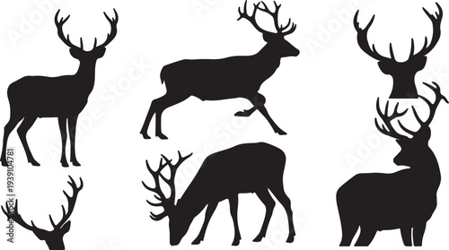 Black Deer and Stag Silhouettes with Antlers Isolated Vector Collection in Various Poses isolated PNG with Transparent Background