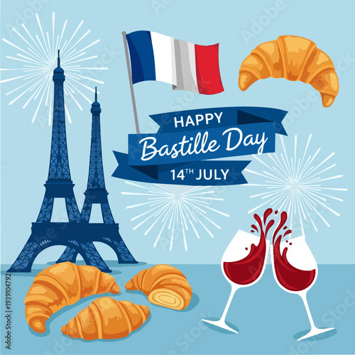 Happy Bastille Day Celebration with French Icons.
