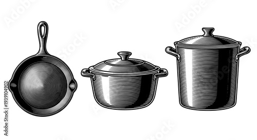 Vintage engraving kitchen cookware set with cooking pots and frying pan detailed hand drawn culinary illustration in classic woodcut style