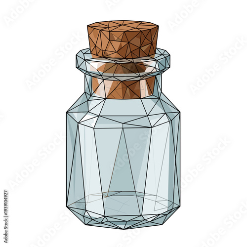 Geometric illustration of a transparent apothecary jar with a corked lid, isolated on a white background, showcasing polygonal design and clean lines