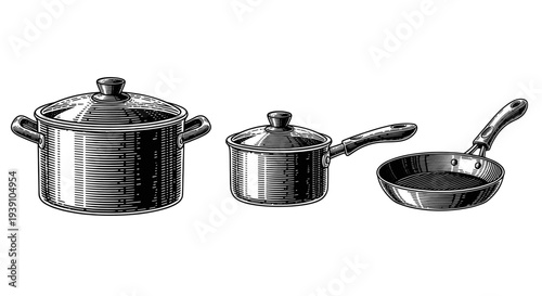 Vintage engraving kitchen cookware set with cooking pots and frying pan detailed hand drawn culinary illustration in classic woodcut style