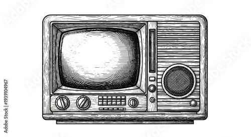 Vintage engraving retro television old tv set hand drawn woodcut style classic media device illustration