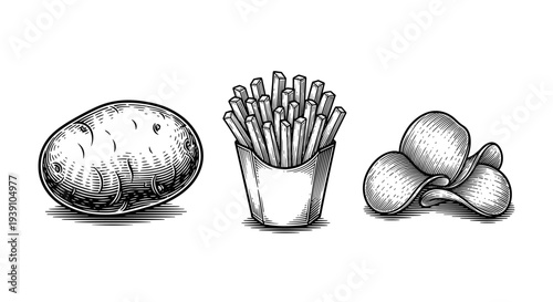 vintage engraving potato products set with french fries whole potato and potato chips detailed hand drawn food illustration in classic woodcut style