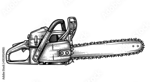 Vintage engraving chainsaw power tool detailed woodworking equipment illustration hand drawn woodcut style