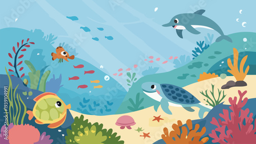 Vibrant ocean ecosystem cartoon vector set with various marine life and coral reef