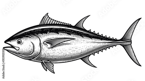 Vintage engraving tuna fish detailed marine seafood illustration hand drawn ocean wildlife animal in classic woodcut style