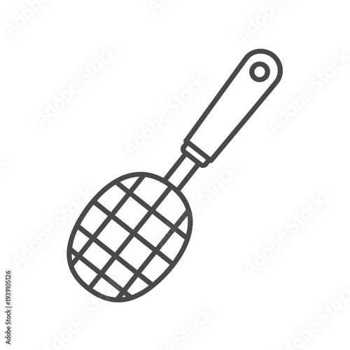 Minimalist illustration of a mesh scoop with a handle, isolated on a clean white background