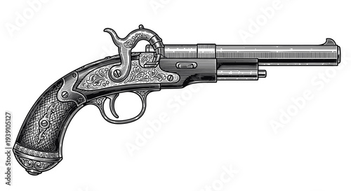 Vintage revolver engraving, hand drawn retro wild west pistol sketch, antique cowboy firearm isolated