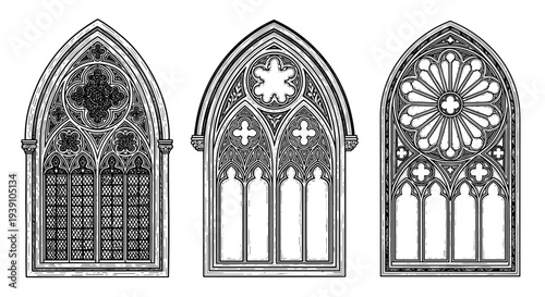 Vintage engraving gothic cathedral windows detailed medieval architecture stained glass church illustration hand drawn woodcut style