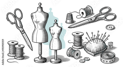 vintage sewing tools collection with scissors thimble thread spools pin cushion and dress forms engraving illustration antique tailoring equipment woodcut style