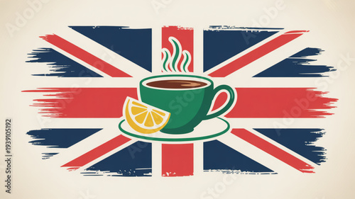 Steaming cup of tea with lemon on a saucer against a distressed uk flag background symbolizing british culture and tradition