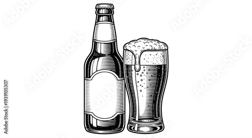 vintage beer bottle and foamy glass detailed engraving illustration classic brewery drink alcohol beverage woodcut style bar symbol