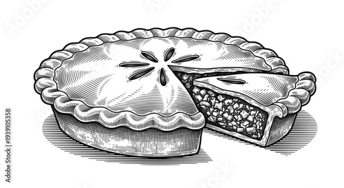 Vintage apple pie engraving, antique bakery sketch, traditional sweet pastry with lattice crust in woodcut style