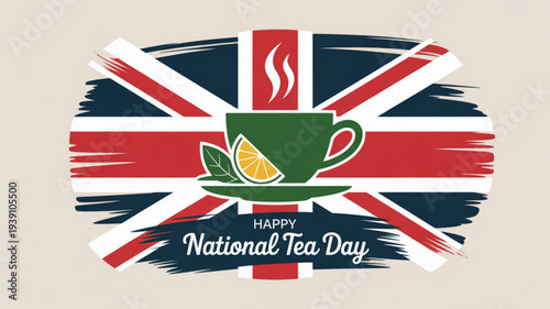 Vibrant uk flag design celebrating happy national tea day with green tea cup and lemon on saucer