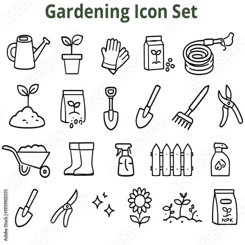 Gardening icons set on transparent background, watering can, plant, gloves and hose
