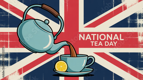 British national tea day celebration with teapot and cup on uk flag background