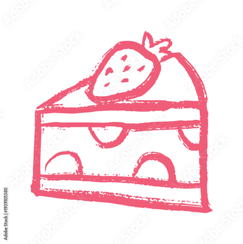 Strawberry Cake Slice Hand Drawn Crayon Wax Doodle Element, Pink Dessert Pastry, Bakery Concept, Rough Texture Illustration