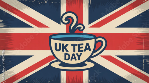Uk tea day celebration with steaming cup on union jack background symbolizing british culture and tradition